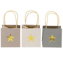 Artikel Papperspåsar med stjärna och handtag, grå blandade, 12×12×12 cm, 9 st