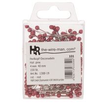 Artikel Dekorativa nålar med röda pärlhuvuden för blomsterhandlare, Ø4 mm, 40 mm, 150 stycken