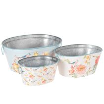 Artikel Planteringsskålar, vårblomma, krukor för blommor/fåglar, oval metallbehållare L39/31/24,5 cm, set om 3