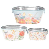 Artikel Planteringsskålar, vårblomma, krukor för blommor/fåglar, oval metallbehållare L39/31/24,5 cm, set om 3