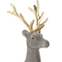 Artikel Sittande hjortdekoration flockad gråguld 15×6×15,5 cm