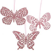 Dekorativ hängande fjärilsrosa glitter 10cm 6st