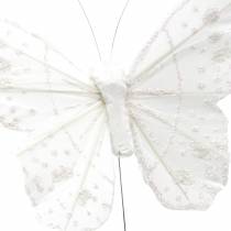 Fjärilsfjäril på tråd vit med glitter 10cm 12st