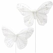 Fjärilsfjäril på tråd vit med glitter 10cm 12st