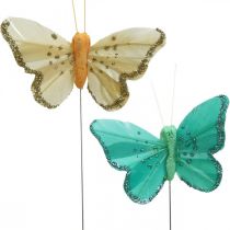 Fjäril med glitter, deco-pluggar, fjäderfjäril vårgul, turkos, grön 4×6,5cm 24st