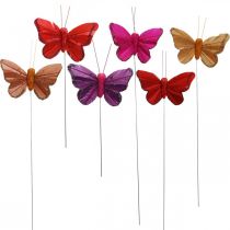Vår, fjäderfjärilar med glimmer, deco fjäril röd, orange, rosa, violett 4×6,5cm 24st