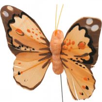 Fjäderfjärilar, dekorativa fjärilar på pinne, blompluggar rosa, orange, violett, brun, blå, beige 6×8cm 12st