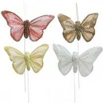 Artikel Fjärilar med glimmer, bröllopsdekoration, dekorativa pluggar, fjäderfjäril gul, beige, rosa, vit 9,5×12,5cm 12st
