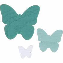 Fjärilar att strö grönt, mynta, vitt trä strö dekoration 29st