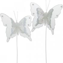 Fjärilar med pärlor och glimmer, bröllopsdekorationer, fjäderfjärilar på vit tråd