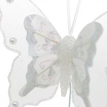 Fjärilar med pärlor och glimmer, bröllopsdekorationer, fjäderfjärilar på vit tråd