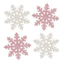 Artikel Snowflake 4cm rosa/vit med glitter 72 st