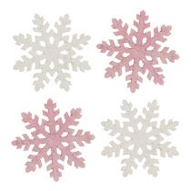 Artikel Snowflake 4cm rosa/vit med glitter 72st