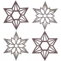 Artikel Deco stjärnor lila trästjärnor snöflingor självhäftande 4cm mix 36st