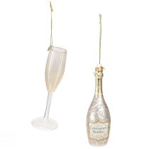 Artikel Champagneflaska och glas, träddekorationer, jubileum, glasdekorationer att hänga, nyårsafton H14,5 cm äkta glasset om 2