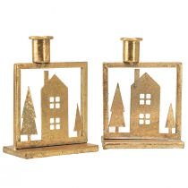 Artikel Stickljusstake Julhus antik guldlook 10×6×14cm 2st