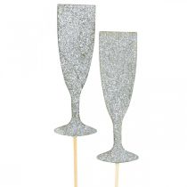 Nyårsdekoration champagneglas silver blomplugg 9cm 18st