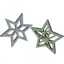 Artikel Deco stars träblå, gröna trästjärnor Jul 4cm mix 36st