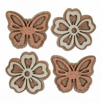 Artikel Strö dekoration träblommor/fjärilar vit/rosa Ø4cm 36p