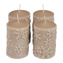 Pelarljus beige ljus snöflingor 100/65mm 4st
