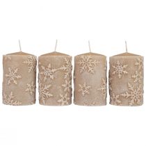 Pelarljus beige ljus snöflingor 100/65mm 4st