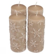 Pelarljus beige ljus snöflingor 150/65mm 4st