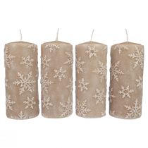 Pelarljus beige ljus snöflingor 150/65mm 4st