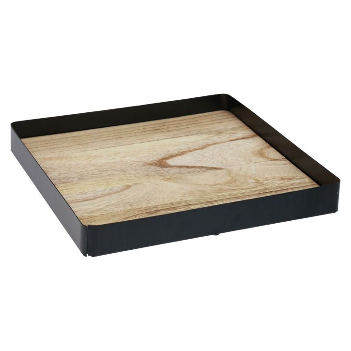 Dekorativ bricka metall trä fyrkantig natursvart 25,5×25,5×4cm