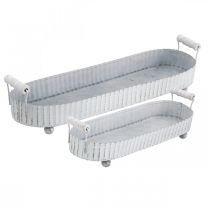 Dekorativ bricka, metalldekor oval, ljusbricka vit, silver Shabby Chic L40 / 29,5 cm 9,5 / 8,5 cm set om 2