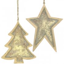 Artikel Metallhängen gran och stjärna, julgransdekorationer, juldekoration gyllene, antikt utseende H15,5 / 17cm 4st