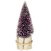 Artikel Dekorativ julgran i lila med snötopp på en rustik träfot 15 cm 3 stycken.
