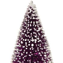 Artikel Dekorativ julgran i lila med snötopp på en rustik träfot 15 cm 3 stycken.