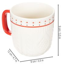 Artikel Kaffemugg med rött handtag, stickat mönster och hjärtdekoration, keramik, 9 cm, 2 stycken