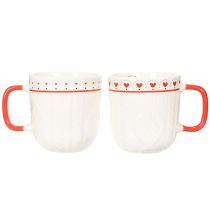 Artikel Kaffemugg med rött handtag, stickat mönster och hjärtdekoration, keramik, 9 cm, 2 stycken