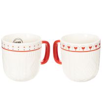 Artikel Kaffemugg med rött handtag, stickat mönster och hjärtdekoration, keramik, 9 cm, 2 stycken