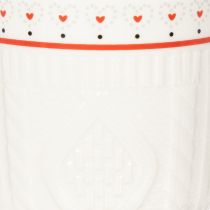 Artikel Kaffemugg med rött handtag, stickat mönster och hjärtdekoration, keramik, 9 cm, 2 stycken