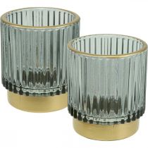 Lykta glasribbad värmeljushållare guld/grå H8cm 2st