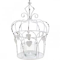 Värmeljushållare krona med hjärtan shabby chic vit Ø14cm H22cm