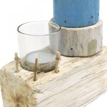 Träfyr med värmeljusglas maritim dekoration blå, vit H38cm