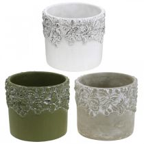 Artikel Keramikbehållare, blomkruka med ekdekor, växtkruka grön / vit / grå Ø13cm H11,5cm uppsättning med 3 st