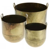 Planteringskruka i antik stil med metallhandtag H17 / 19,5 / 26cm, set om 3