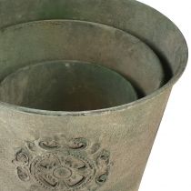 Artikel Blomkruka metallgrön vintage Ø22cm–13,5cm set om 3