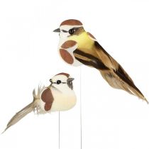 Vårdekoration, fåglar på tråd, konstgjord fågel brun, vit H3cm 12st