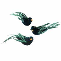 Artikel Juldekoration svartfågel med klämma blå, glitter blandat 3st