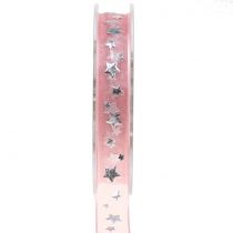 Artikel Julband organza rosa med stjärnmotiv 15mm 20m