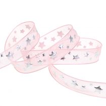Artikel Julband organza rosa med stjärnmotiv 15mm 20m