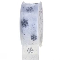 Artikel Julband organza snöflingor vit grå 40mm 15m