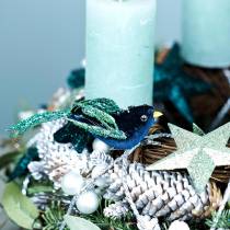 Artikel Juldekoration svartfågel med klämma blå, glitter blandat 3st