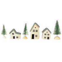 Artikel Julby trähus granar gröna och vita 5-8 cm set om 6