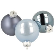 Artikel Julgranskulor i glas, set om 3 – ljusblå, blå, metallicblå och matt med galge 6 cm, 24 st